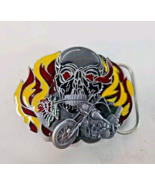 Vintage Biker Flaming Skull Rose Painted Enamel Pewter Belt Buckle 1991 ... - $27.28 CAD