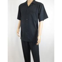 Men 2pc Walking Leisure Suit Short Sleeves DREAMS Plaid Satin 253-00 Black image 4