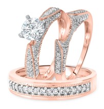 Diamond Wedding 14K Rose Gold Fn His/Her Bridal Band Engagement Trio Ring Set - £100.99 GBP