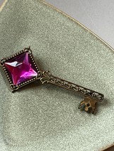 Large Antique Goldtone Skeleton Key w Pinkish Purple Tipped Square Mirror Back - £6.00 GBP