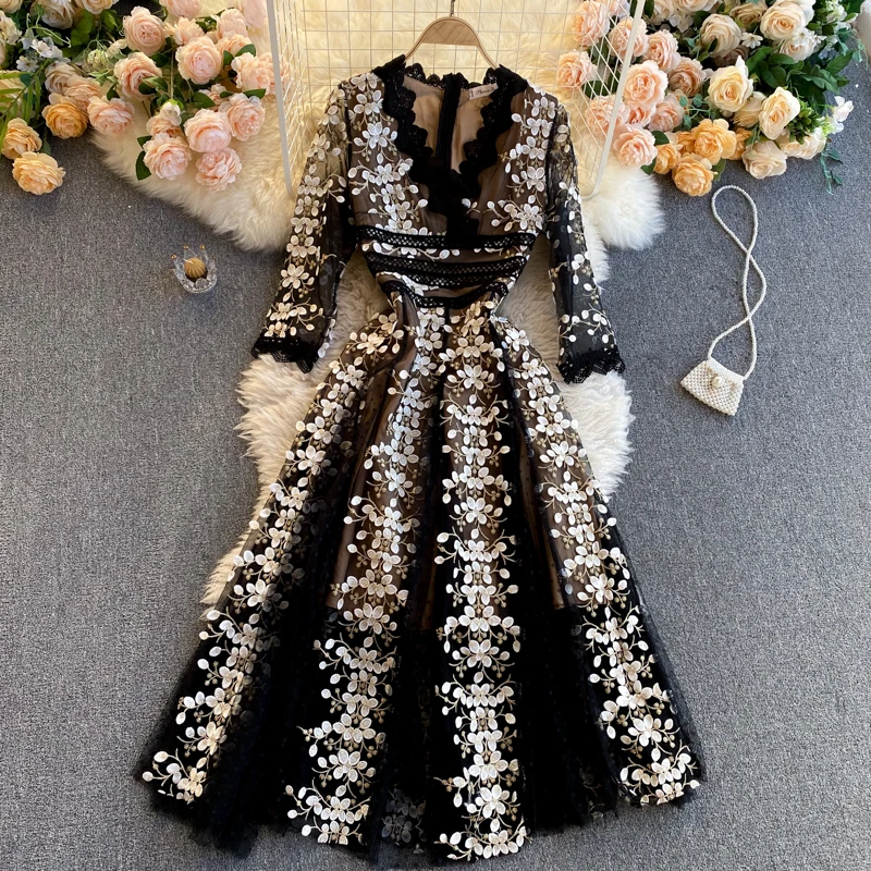 Aibeautyer 2023 Spring Fashion Streetwear Long Dress Retro Embroidery  Women Kor - $121.53