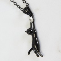 Black Cat Necklace Round Simulated Diamond 25&quot; Chain 1 1/2&quot; Cat Costume Jewelry - £12.29 GBP