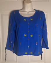 Erin Matthews Blue Embroidered 3/4 Sleeve Button Down Christmas Sweater Cardigan - £12.14 GBP