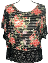 No Boundaries Women&#39;s Shirt Red Pink Rose With Black Lace Stretch Top Size Xxl - £21.23 GBP