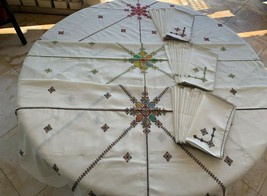 100% Pure Moroccan Handmade Embroidered Round cover for table with 12 napkins - £105.59 GBP