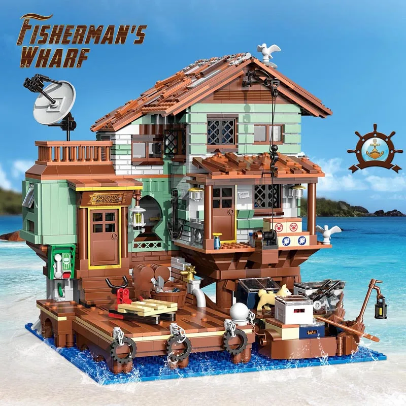 Creative Old Fisherman&#39;s Wharf Architecture Mini Building Blocks MOC Wooden - £65.33 GBP