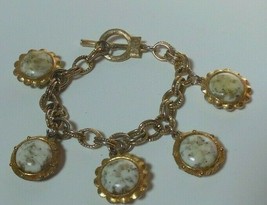 Vintage Gold Tone Marble Stone Charm Chain Bracelet Toggle Clasp - £35.52 GBP