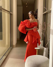 Irregular Shoulder Strap Big Bows Sleeve Side Seam High Slit Crinkle  Fa... - $108.00