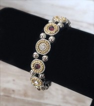 Vintage Stretch Bracelet Ornate Gold Tone &amp; Silver Tone with Clear &amp; Red... - £11.98 GBP