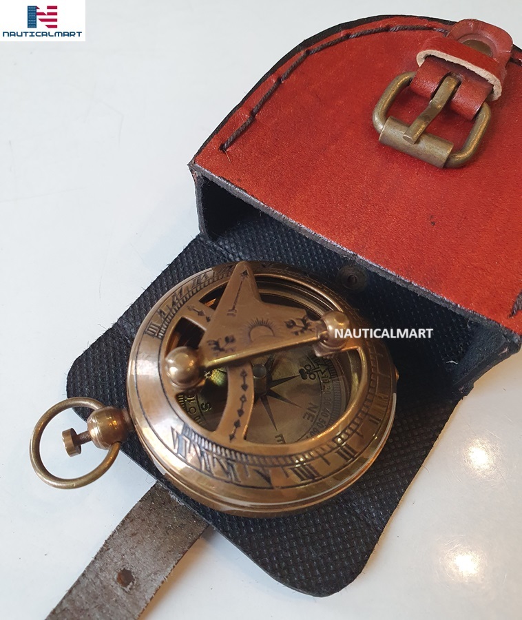 Brass Sundial Compass with Leather Case - Push Open Mechanism Vintage Steampunk  Item image 5
