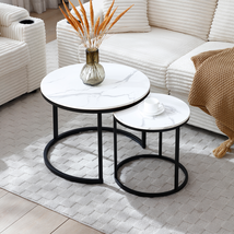 Modern Nesting Round Coffee Table Set - White Marble &amp; Black Frame - $1,192.77 MXN