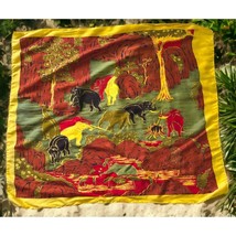 Elephant Scarf Vintage Jungle Safari Herd Thai 100% Silk Red Yellow Colo... - £22.75 GBP