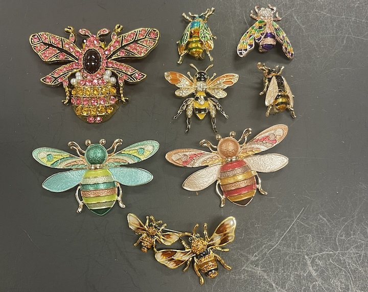 8 Beautiful Bee Hornet Bumblebee Brooches Small Medium &amp; Large - $29.00