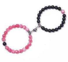 Set Of 2 Couples Bracelet Magnetic Healing Natural Bead Stone Stretch Br... - £26.09 GBP