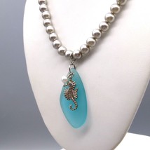 Vintage Grey Faux Pearl Necklace with Soothing Blue Sea Glass Pendant Seahorse - £28.31 GBP