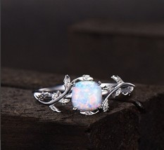 Natural Opal Rainbow Ring 14k White Gold Plated Leaf Band Solitaire Cushion Cut - £59.61 GBP