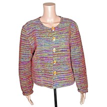 Vintage Woven Sweater Jacket Parsley Sage Size M Rainbow Colors Boho Button Down - £17.33 GBP