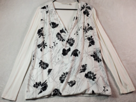 Halogen Blouse Top Womens Large Black White Floral Knit Long Sleeve Wrap V Neck - £12.69 GBP