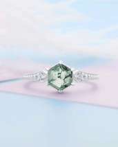 Natural Green Moss Agate Gemstone Ring 14k White Gold Engagement Wedding Ring - £899.27 GBP