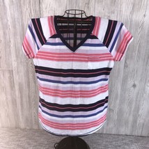 Sonoma Life + Style Women V Neck Shirt Top Sz 2XL Pink Blue White Striped Pocket - £7.73 GBP