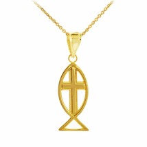 10k Solid Gold Jesus God Cross Charm Ichthus Christian Fish Pendant Necklace - £76.03 GBP+