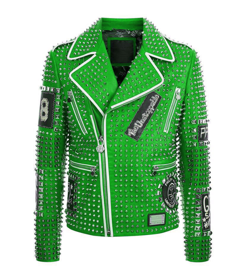 Men PHILIPP PLEIN Leather Coat Green Color Studded Embroidery Patches Jacket PP