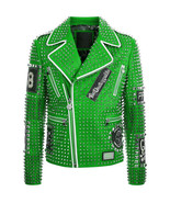 Men PHILIPP PLEIN Leather Coat Green Color Studded Embroidery Patches Ja... - £239.05 GBP