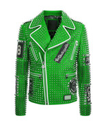 Men PHILIPP PLEIN Leather Coat Green Color Studded Embroidery Patches Ja... - $416.80 CAD