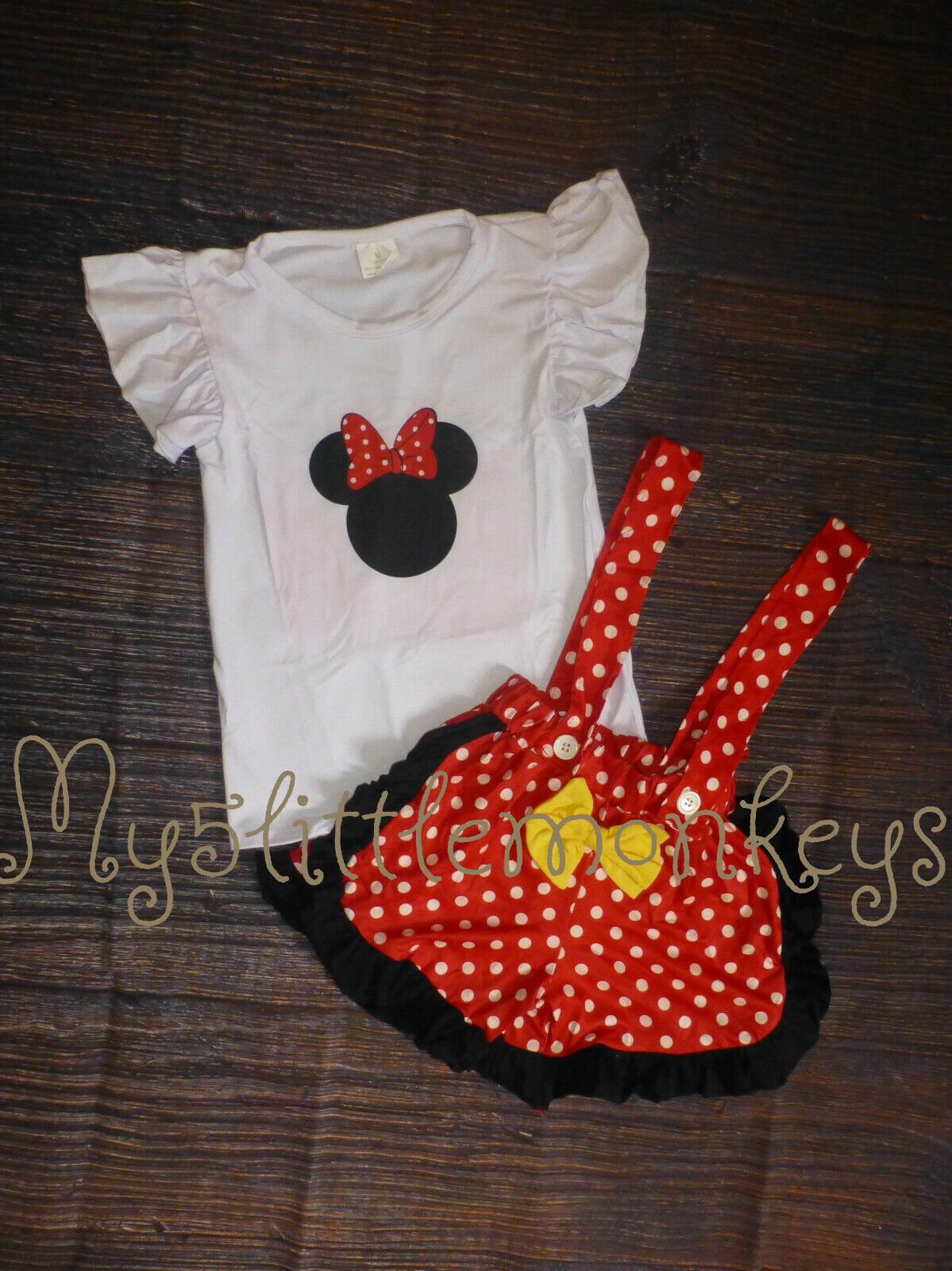 NEW Boutique Minnie Mouse Ruffle Shirt Suspender Shorts Girls Outfit Set  - $4.54+