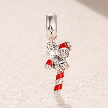 2018 Winter 925 Silver Disney Santa Mickey’s Candy Cane Pendant Charm  - £12.94 GBP
