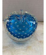 Murano (?) Art Glass Apple Paperweight Deep Blue Clear Cased Bullicante ... - $45.00