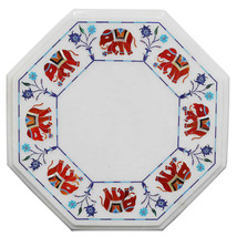 12&quot; White Marble Corner Table Top Marquetry Eid Ramzan Special Hallway Decor - £244.94 GBP