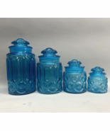 LE Smith Teal Blue Moon &amp; Stars Art Glass Jar Canister Set Ground Stoppe... - $186.11