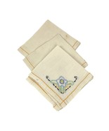 Vintage Set of 3 Embroidered Cocktail Luncheon Napkins Floral Beige Blue - $166.07 MXN
