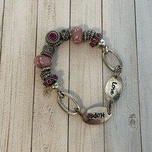 Cute Bracelet Love Hope Silver Tone / Pink Beads Stretchy - £6.80 GBP