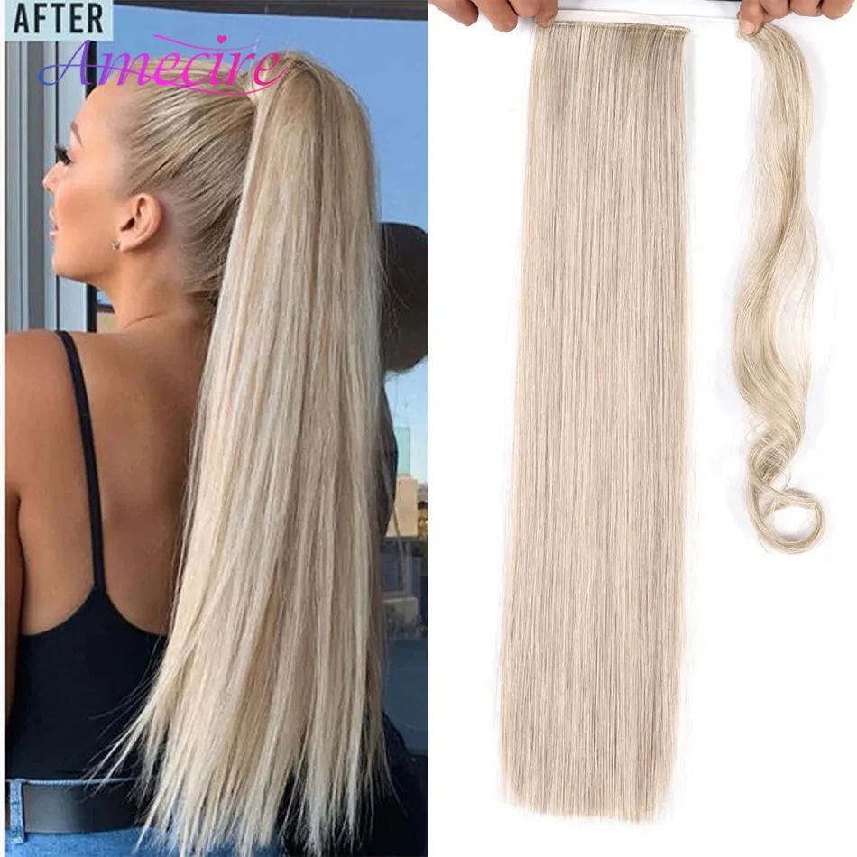 Amecire Synthetic Wavy Straight Hair Ponytail Extensions 22 Inch Long Blonde - £14.37 GBP+