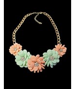Chunky Lucite Plastic Floral Burst Necklace Rhinestone Green Peach Gold ... - €28,88 EUR