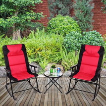 3 Pcs Outdoor Folding Rocking Chair Table Set with Cushion-Black&amp;Red - £194.96 GBP