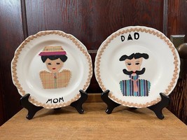 Vintage Mom and Dad Fabric Cutout on White Plates 1950s or 1960s Hand Crafted - £26.51 GBP