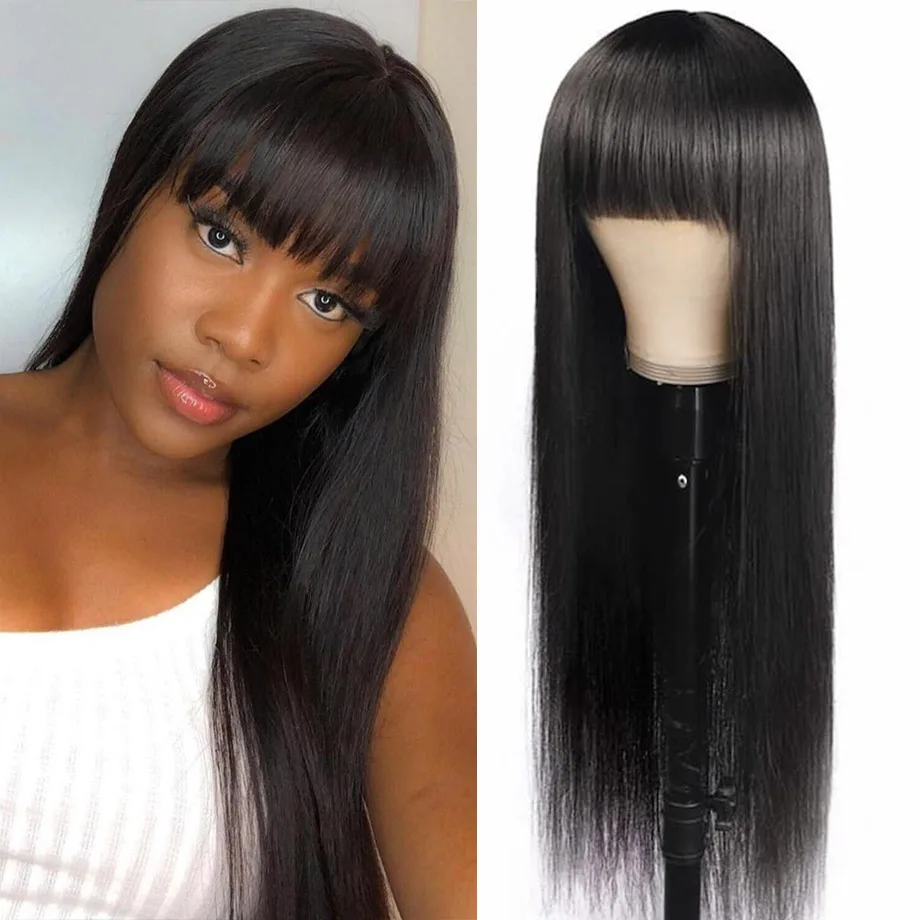 Straight Hair Wigs Brazilian Human Hair Wig With Bangs Remy Full Machine... - $32.46+