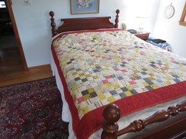 1930-40&#39;s Reversible Tied Patchwork Cotton Quilt - 74&quot; X 74&quot; - $117.81