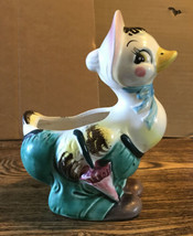 Whimsical Duck Lady In A Bonnet Planter W Umbrella Vintage American Bisque - £11.87 GBP