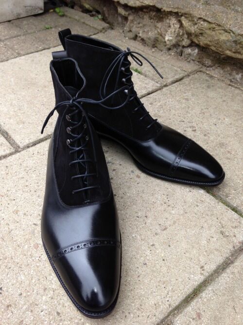 NEW Handmade Men Black leather and suede lace-up boot, Mens ankle leather boots