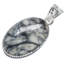 Beautiful Black and White Pinolis Jasper Pendant, 925 Silver with Organza Cord - $28.00