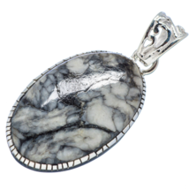 Beautiful Black and White Pinolis Jasper Pendant, 925 Silver with Organza Cord - £22.02 GBP