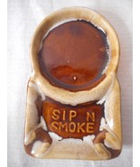 Brown Glazed Ceramic Sip &amp; Smoke Ashtray Coaster Coffee Cup Holder Vtg 6... - £10.07 GBP