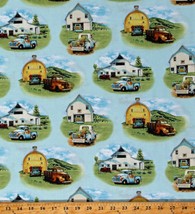 Cotton Vintage Trucks Farmhouses Homes Barns Blue Fabric Print by Yard D770.90 - £9.55 GBP