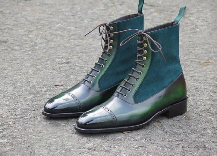 New Men’s Handmade Green Color Lace Up Ankle High Cap Toe Leather & Suede Boots
