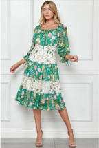 Boho Style Layered Green Floral Dress Spring Summer Pullover Tie Neck Sexy - £43.92 GBP