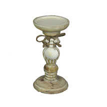 8 Inch Wood Pedestal Candle Holder Rustic White Washed Pillar With Sea Shells - £18.67 GBP